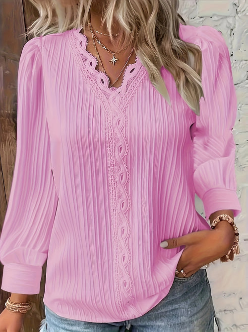Elegant Lace Trim Blouse | Chic V Neck, Long Sleeve