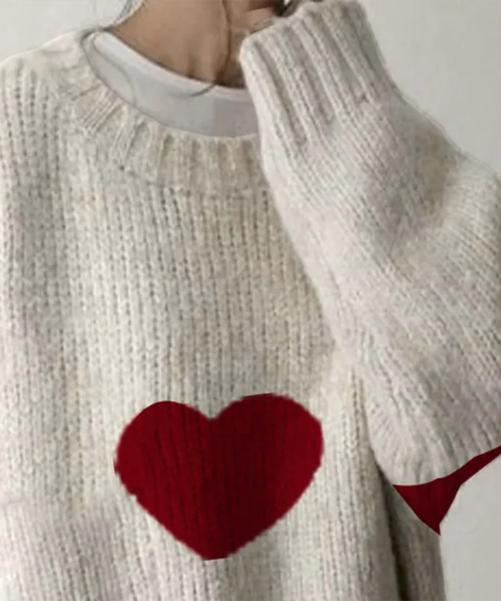 Elegant Red Heart Print Round Neck Sweater