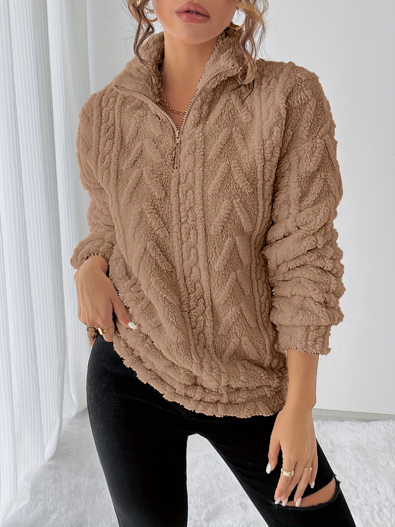 Elegant Polyester Fleece Sweatshirt with Lapel Collar