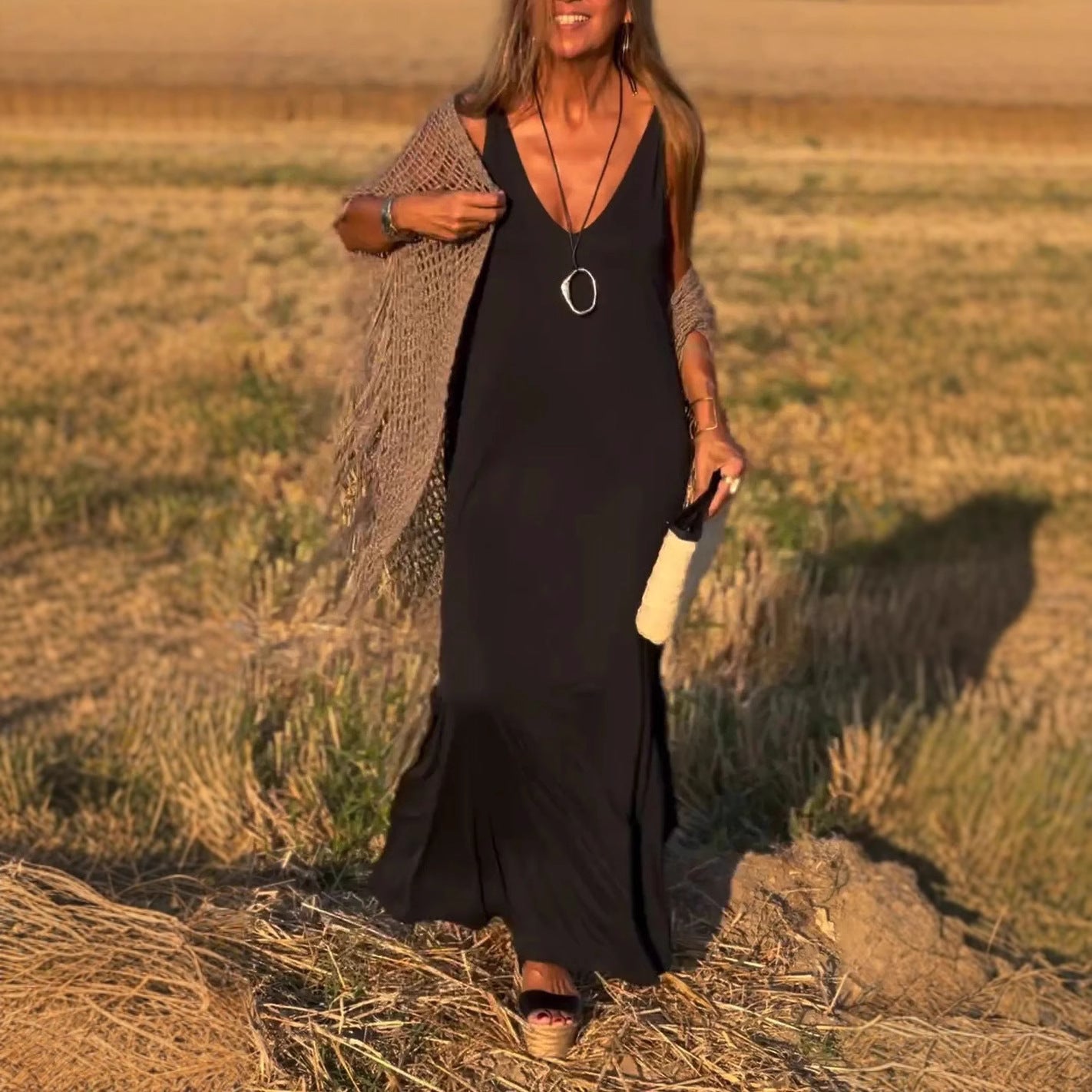 Amber Maxi Dress - Elegant V-Neck, Lightweight Comfort For Women