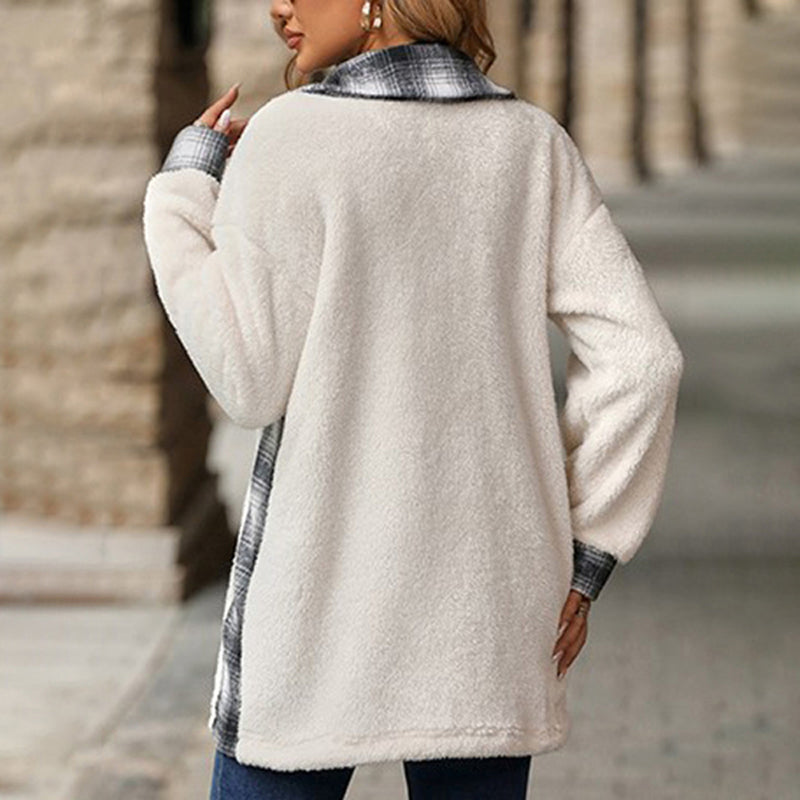 Womens Winter Coat - Plush Checkered Design for Cozy Comfort