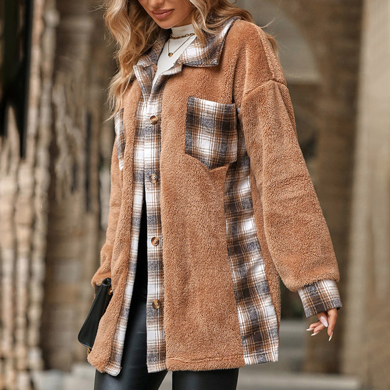 Womens Winter Coat - Plush Checkered Design for Cozy Comfort