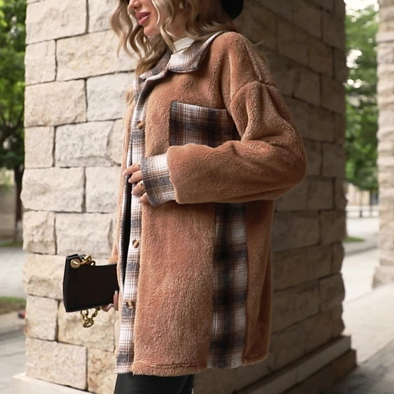 Womens Winter Coat - Plush Checkered Design for Cozy Comfort