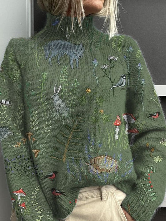 Woodland Animal Pattern Knit Turtleneck Sweater - Cozy & Stylish Fit