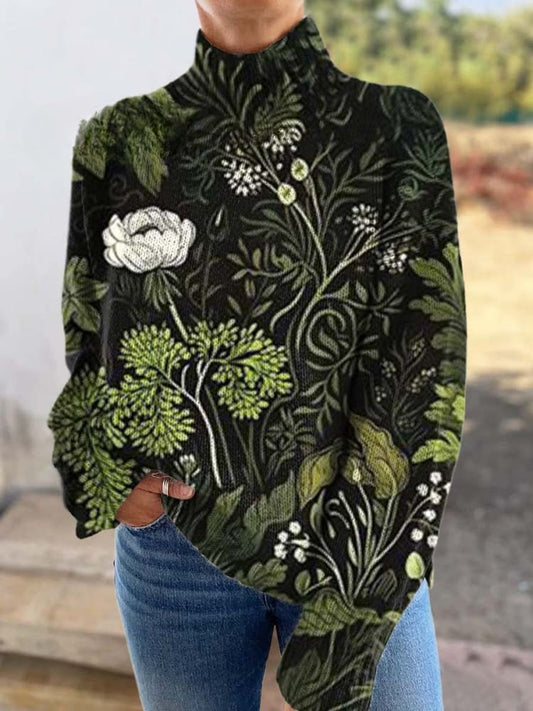 Women's Vintage Floral Sweater - Cozy Knit Turtleneck for Stylish Comfort