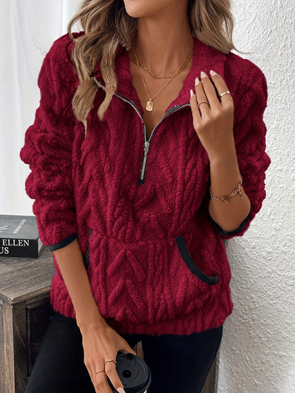Ava – Fuzzy Sweatshirt with Lapel Collar and Zipper Detail