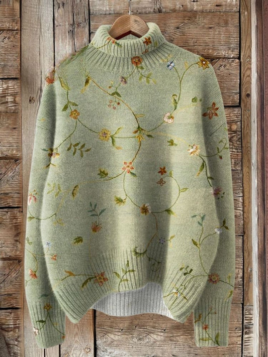 Vintage Floral Knit Turtleneck Sweater - Stylish Unisex Comfort