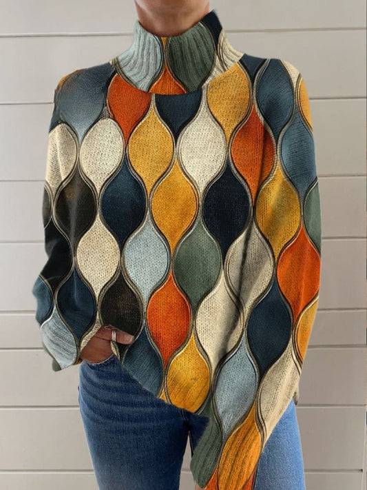Abstract Pattern Knit Turtleneck Sweater - High Stretch Comfort