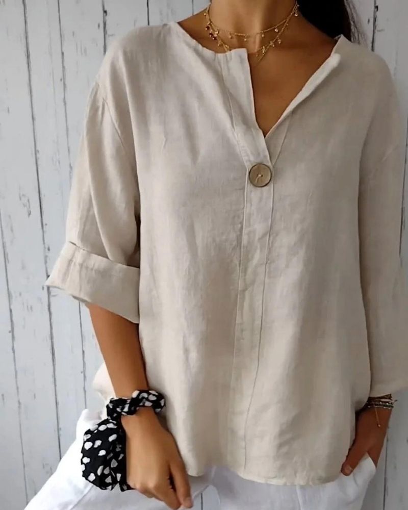 ARAI - V - Neck Cotton And Linen Button Top