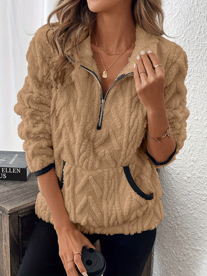 Ava – Fuzzy Sweatshirt with Lapel Collar and Zipper Detail