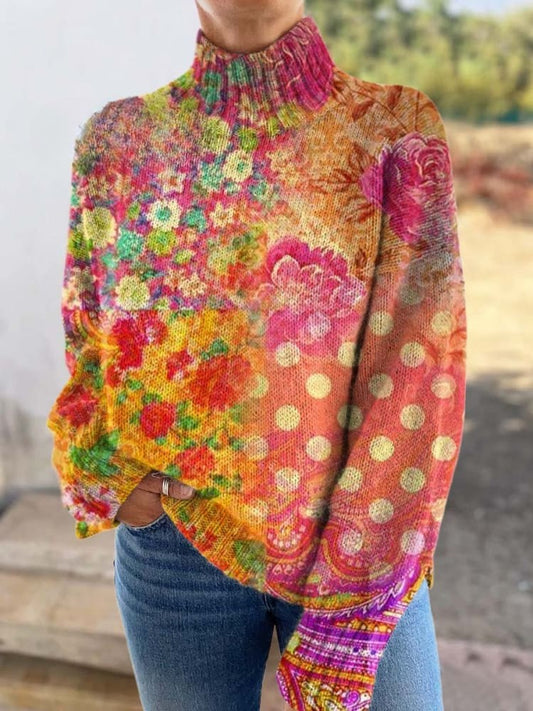 Women's Sweater - Cozy Floral Polka Dot Turtleneck Knit Design