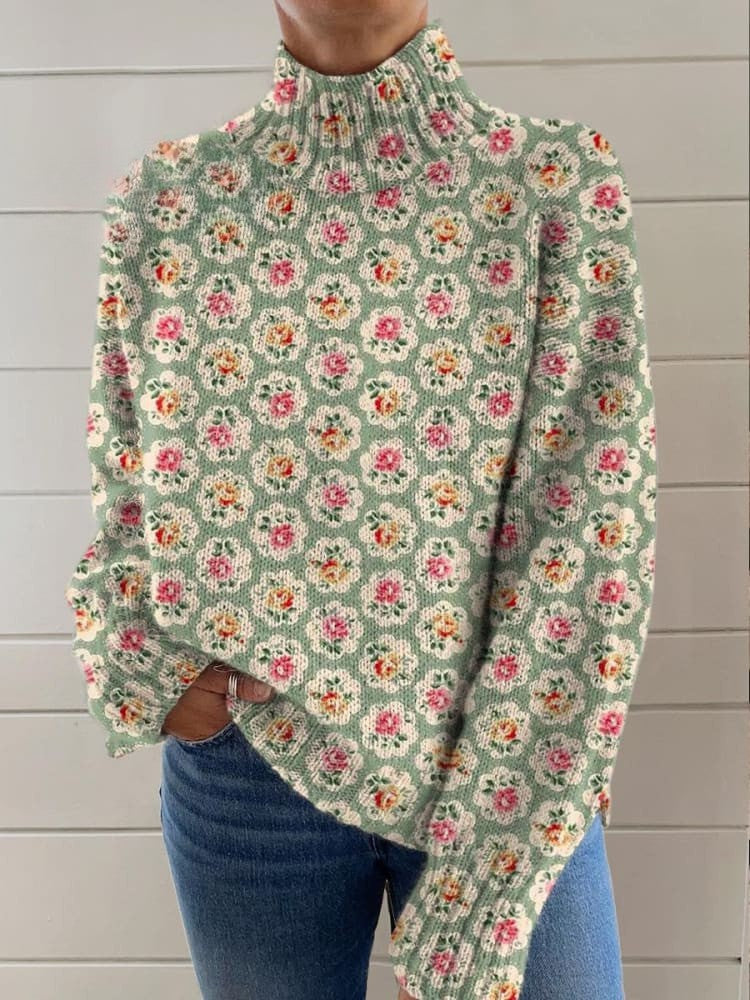 Women's Floral Art Print Turtleneck Sweater, Casual Long Sleeve Pullover Knit Top
