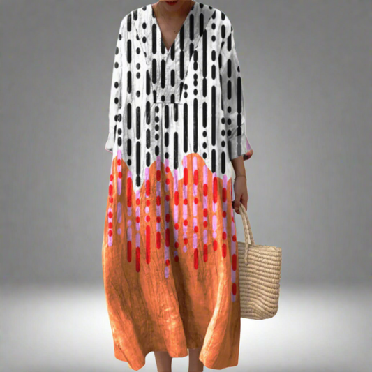 Abstract Drip Print Long Sleeve Maxi Dress - Effortless Style & Comfort