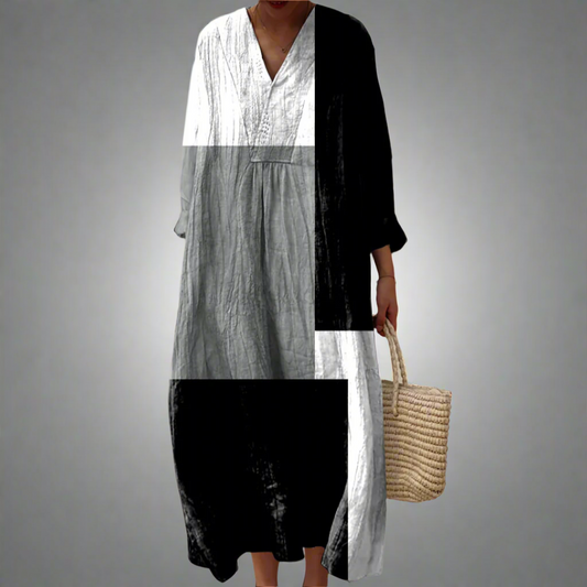 Abstract Patchwork Long Sleeve Maxi Dress - Effortless Style & Comfort