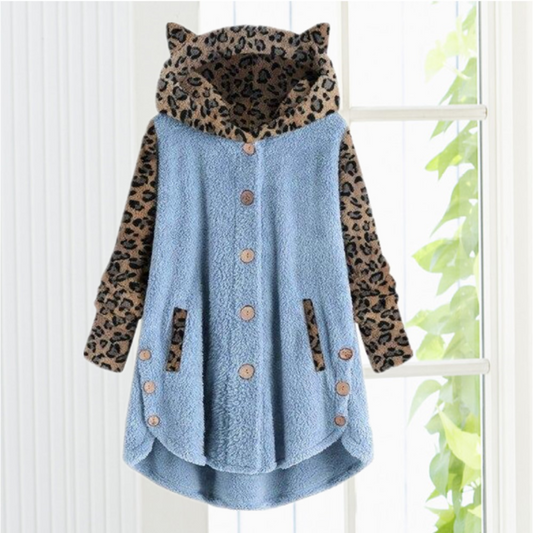 Cat Ear Leopard Print Coat - Cozy Cotton & Cashmere Blend for Winter