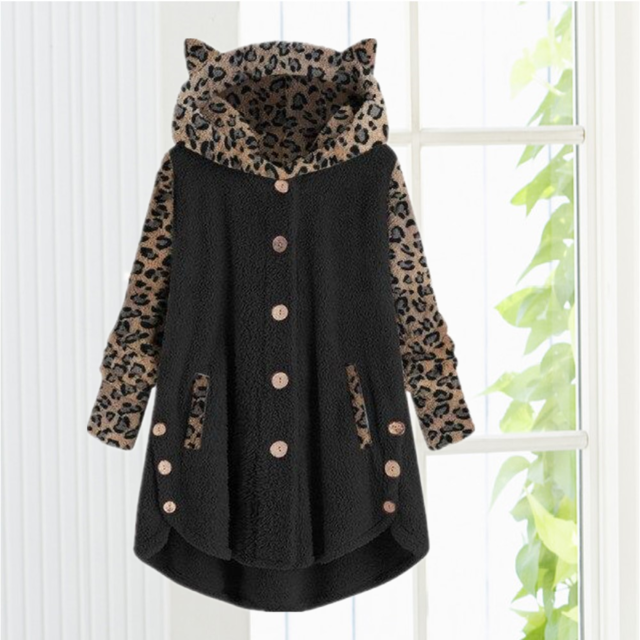 Cat Ear Leopard Print Coat - Cozy Cotton & Cashmere Blend for Winter