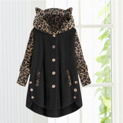 Cat Ear Leopard Print Coat - Cozy Cotton & Cashmere Blend for Winter