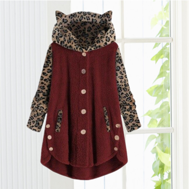 Cat Ear Leopard Print Coat - Cozy Cotton & Cashmere Blend for Winter
