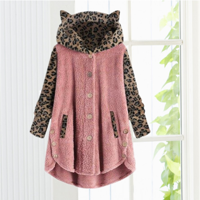 Cat Ear Leopard Print Coat - Cozy Cotton & Cashmere Blend for Winter