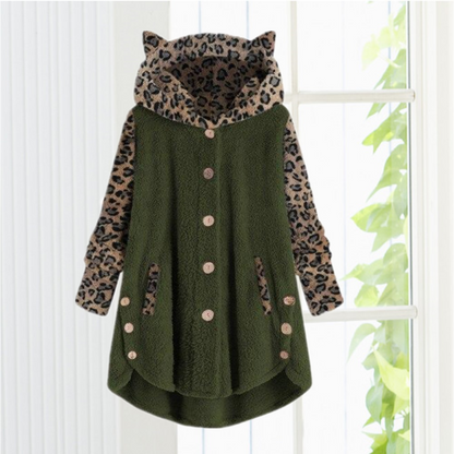 Cat Ear Leopard Print Coat - Cozy Cotton & Cashmere Blend for Winter