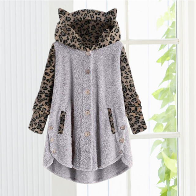 Cat Ear Leopard Print Coat - Cozy Cotton & Cashmere Blend for Winter