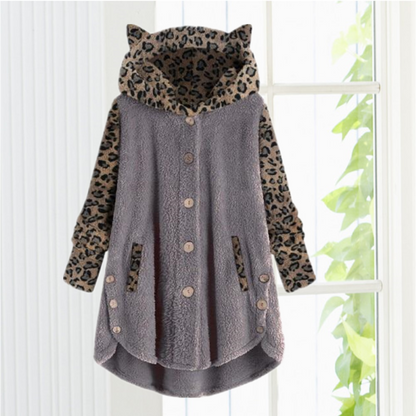 Cat Ear Leopard Print Coat - Cozy Cotton & Cashmere Blend for Winter