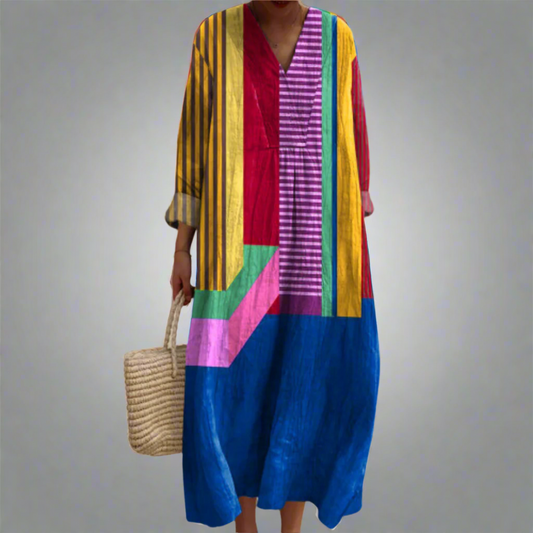 Colour Block Long Sleeve Maxi Dress - Flattering Fit & Vibrant Style