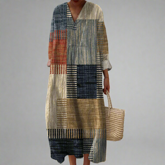 Earthy Patchwork Maxi Dress - Stylish Long Sleeve Comfort for Women