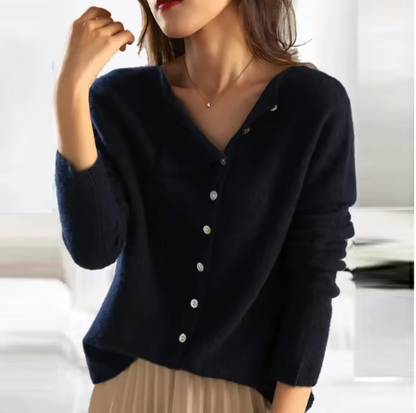 Cozy Long Cardigan - Soft Knit Fabric with Asymmetric Button Design