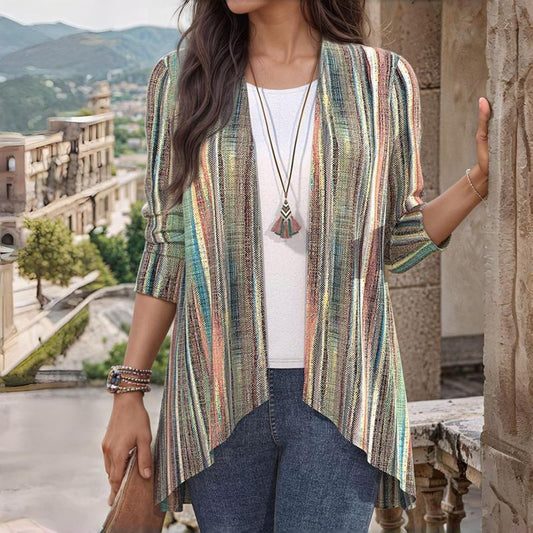 Vintage Striped Long Cardigan - Cozy All-Season Womens Jumper