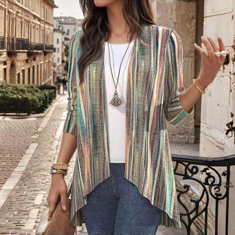 Vintage Striped Long Cardigan - Cozy All-Season Womens Jumper