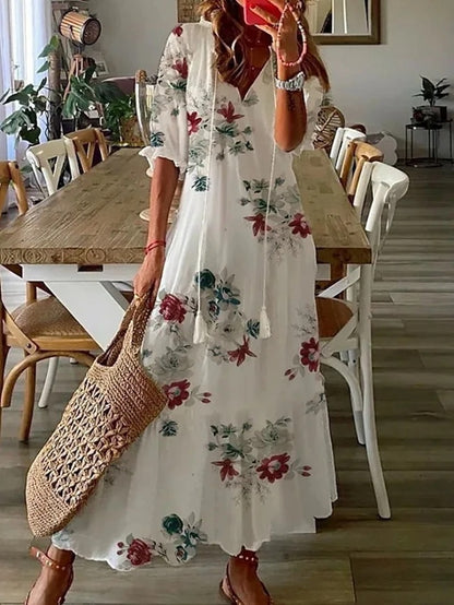 White Floral Maxi Dress - Long Sleeve, Flattering Fit & Comfort