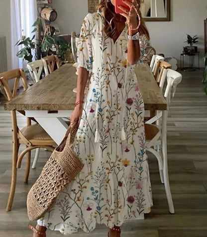 White Floral Maxi Dress - Long Sleeve, Flattering Fit & Comfort