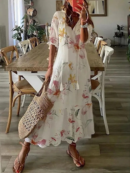 White Floral Maxi Dress - Long Sleeve, Flattering Fit & Comfort