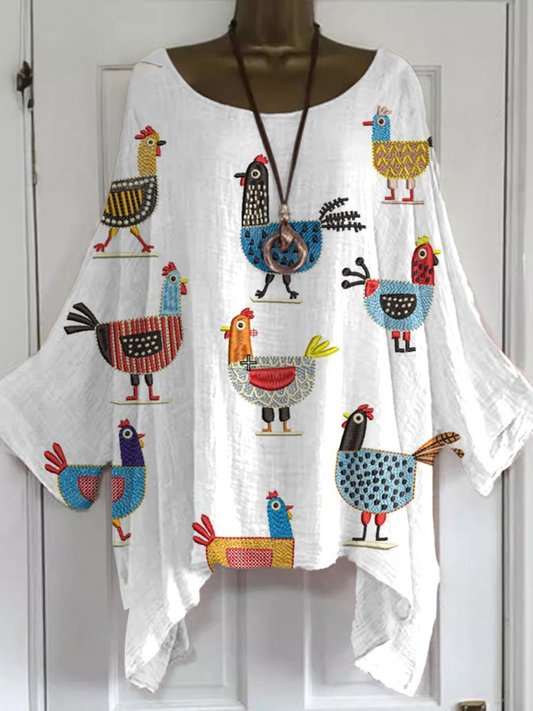 Women's Casual Cotton-Linen Shirt - Fun Chick Print for All-Day Comfort