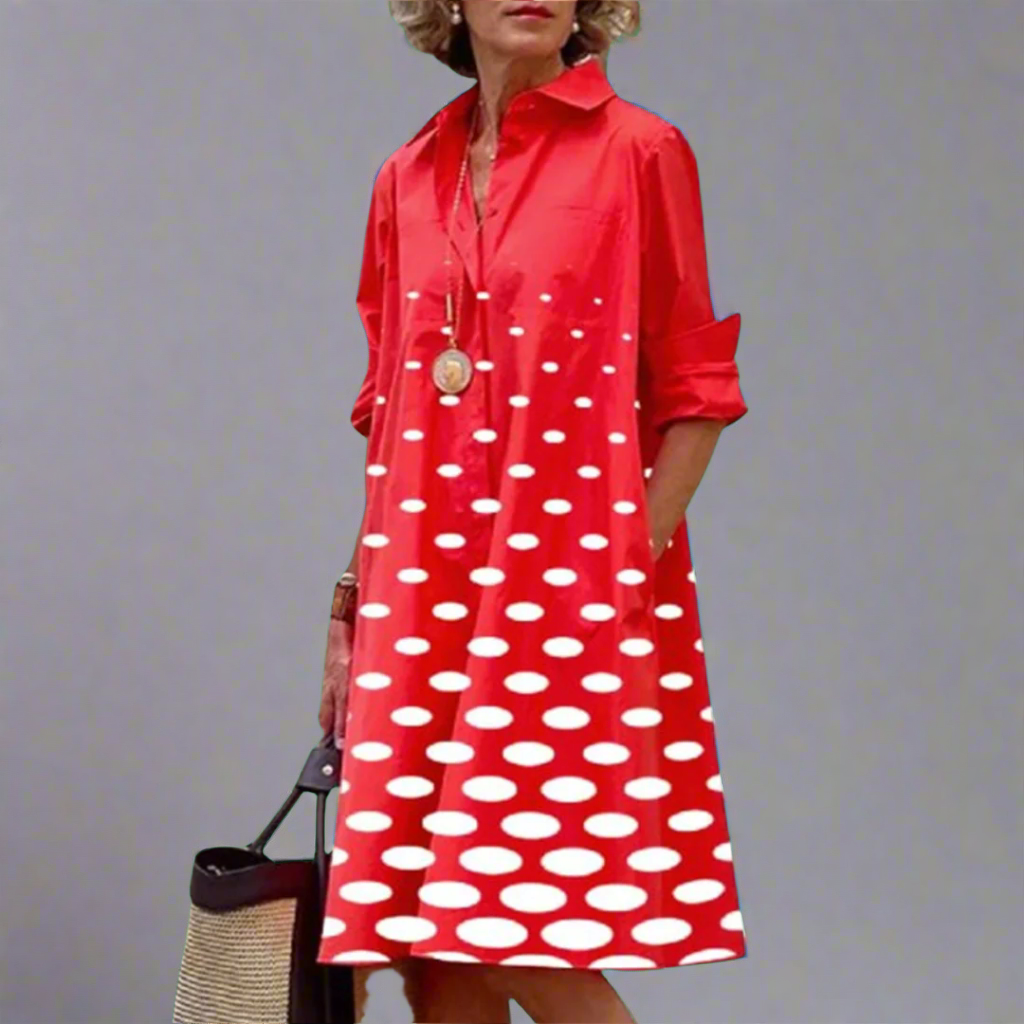 Women's Retro Long Sleeve Pocket Dress - Stylish Comfort & Flattering Fit