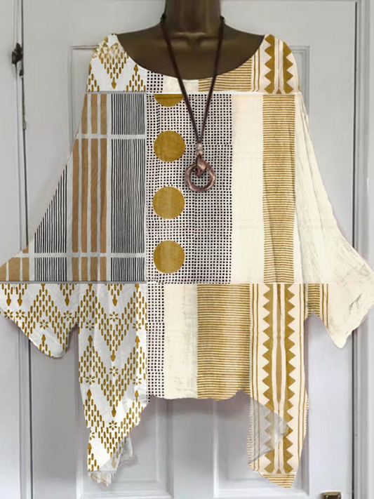 Women's Shirt - Breathable Cotton-Linen with Vintage Geometric Print