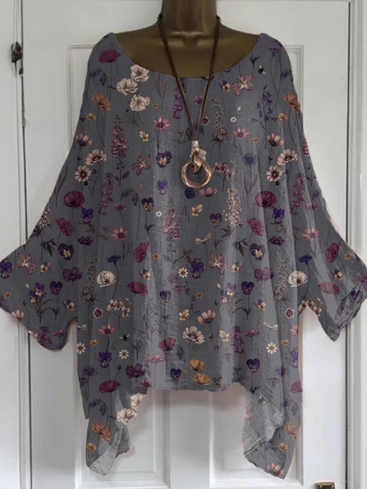 Women's Shirt - Vintage Floral Design, Soft Cotton-Linen Comfort