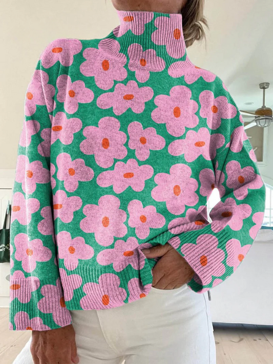 Women's Sweater - Lightweight Floral Turtleneck for Cool Comfort