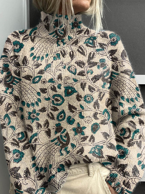 Women's Sweater - Vintage Floral Knit Turtleneck, Lightweight & Breathable