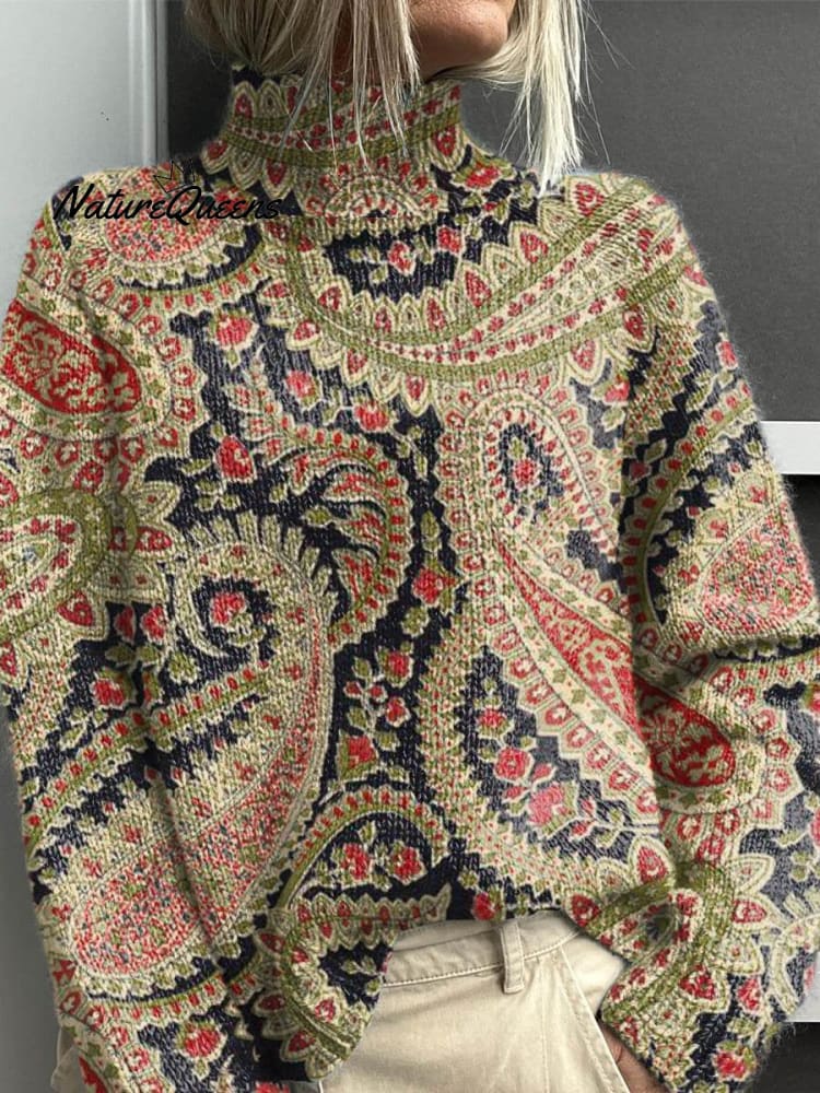 Women's Sweater - Vintage Floral Knit Turtleneck for Cozy Style