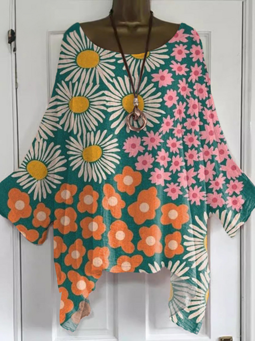 Women's Top - Vintage Flower Print Cotton for Stylish Casual Wear