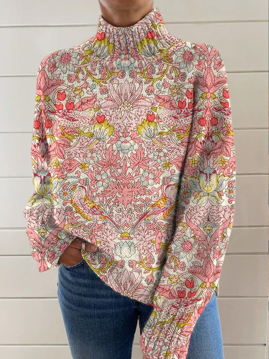 Women's Vintage Floral Turtleneck Sweater - Lightweight & Breathable Knit