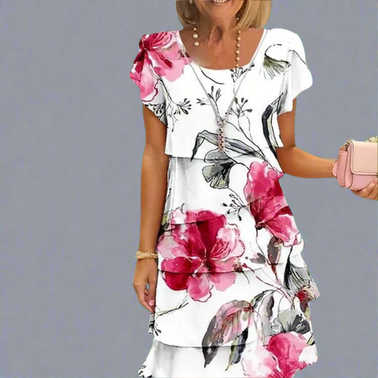 Womens Dress - Floral Print Tiered Summer Dress for Wedding Guests