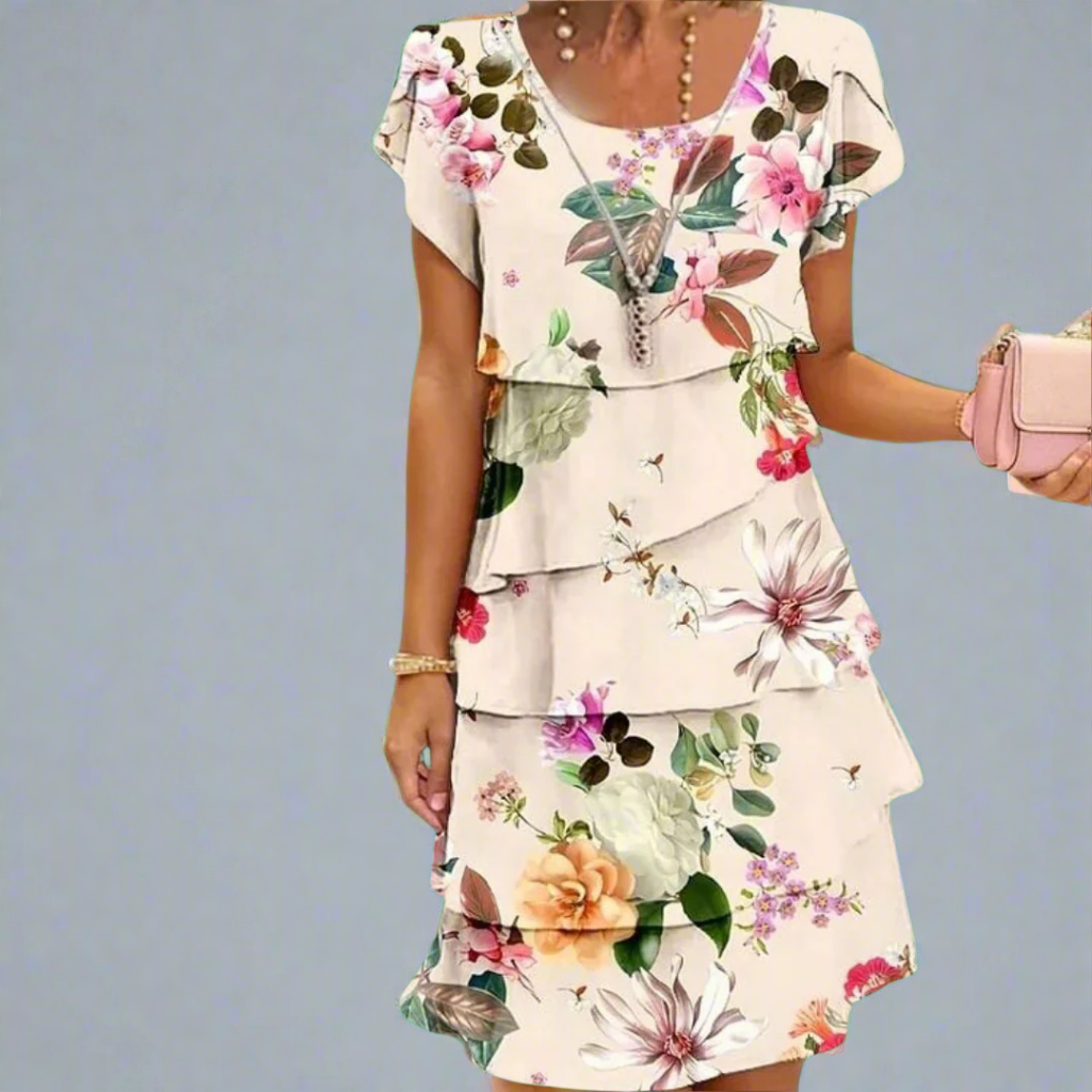 Womens Dress - Floral Print Tiered Summer Dress for Wedding Guests