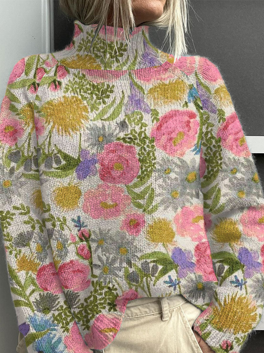 Womens Sweater - Lightweight Floral Turtleneck for Stylish Layering