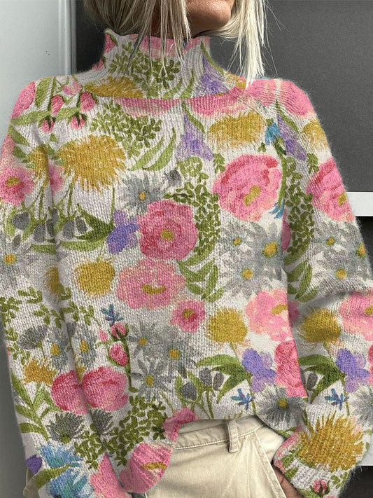 Womens Sweater - Lightweight Floral Turtleneck for Stylish Layering