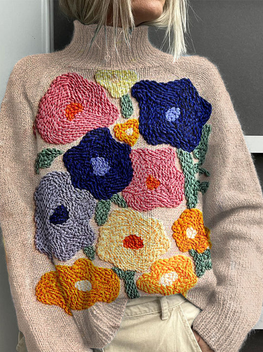 Womens Sweater - Vintage Floral Turtleneck For Lightweight Comfort