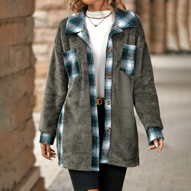 Womens Winter Coat - Plush Checkered Design for Cozy Comfort