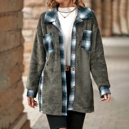Womens Winter Coat - Plush Checkered Design for Cozy Comfort